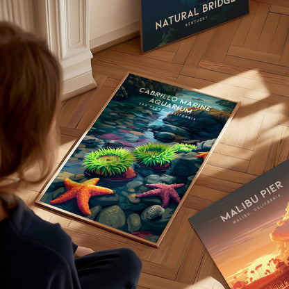 Cabrillo Marine Aquarium, California Poster | Ocean Discovery & Tide Pool Wall Art — styled in a modern interior