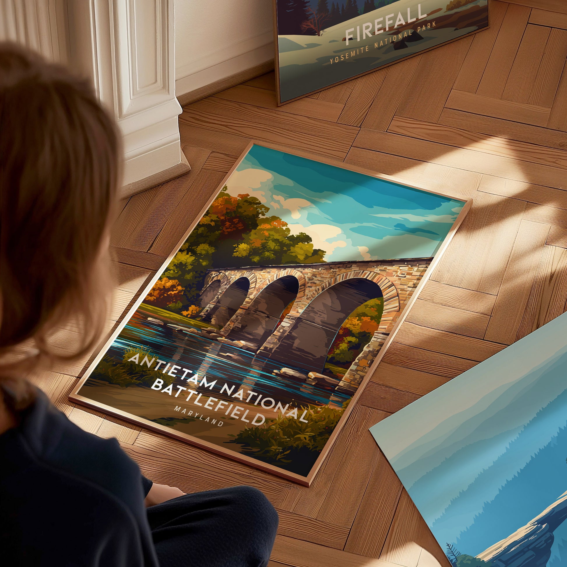 Antietam National Battlefield, Maryland Poster | Civil War Monument & Rolling Fields Wall Art — styled in a modern interior