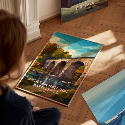 Antietam National Battlefield, Maryland Poster | Civil War Monument & Rolling Fields Wall Art — styled in a modern interior