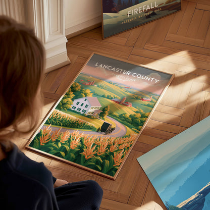 Lancaster County, Pennsylvania Poster | Rolling Farmland & Covered Bridge Wall Art — styled in a modern interior