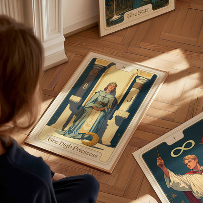 A person sits observing a tarot poster depicting the High Priestess card, featuring a serene figure between two pillars labeled B and J, on a wooden floor.