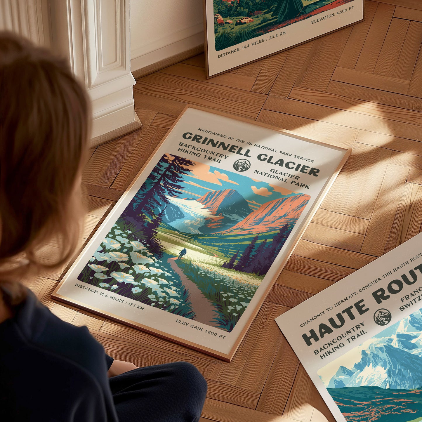 Grinnell Glacier, Glacier National Park Poster | Hiker Gift | Backcountry Trail Wall Art — styled in a modern interior