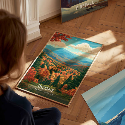 Boone, North Carolina Poster | Blue Ridge Mountain Charm Wall Art — styled in a modern interior