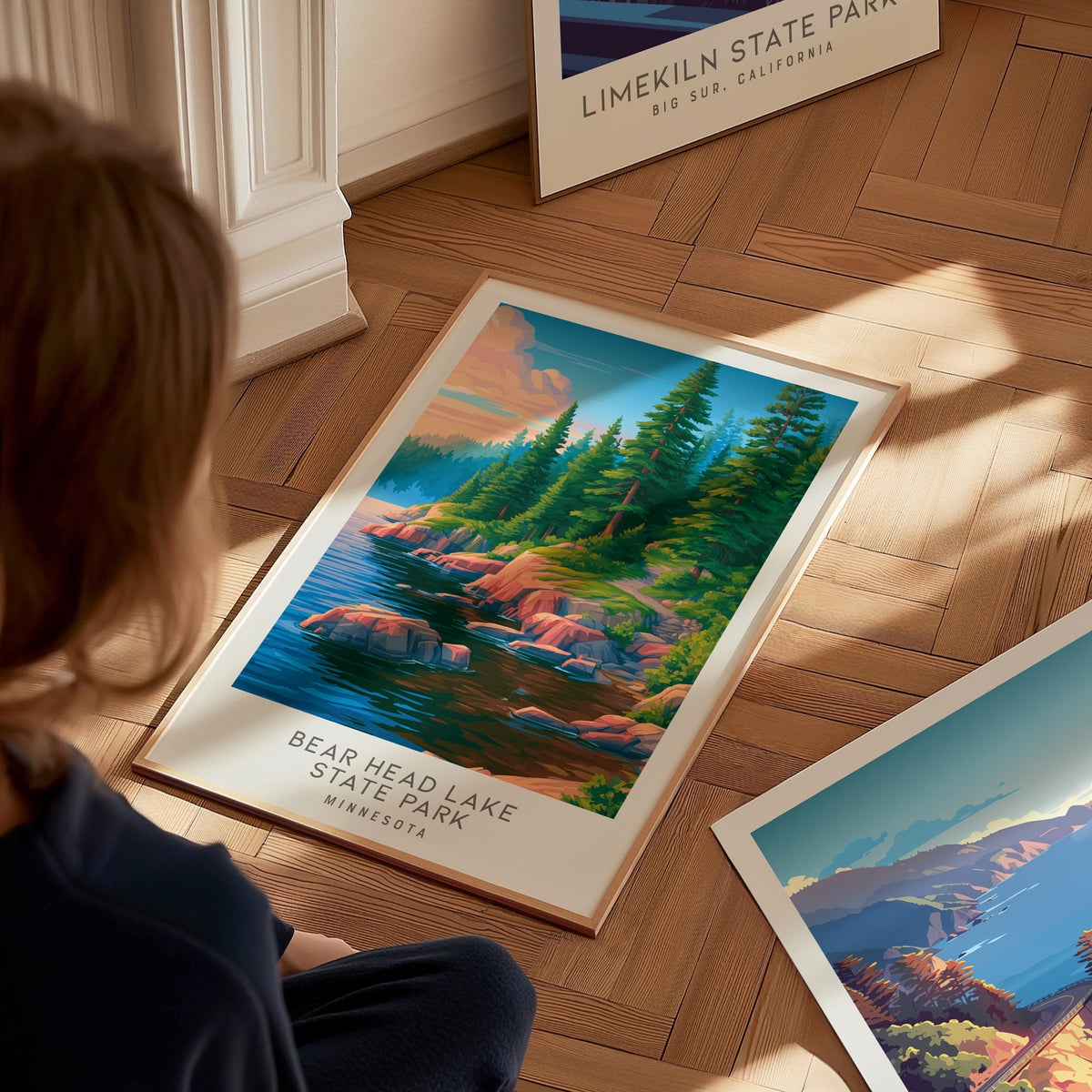 Bear Head Lake State Park Matte Border Poster | Minnesota Destination Print Travel Wall Art — styled in a modern interior
