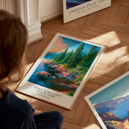 Bear Head Lake State Park Matte Border Poster | Minnesota Destination Print Travel Wall Art — styled in a modern interior