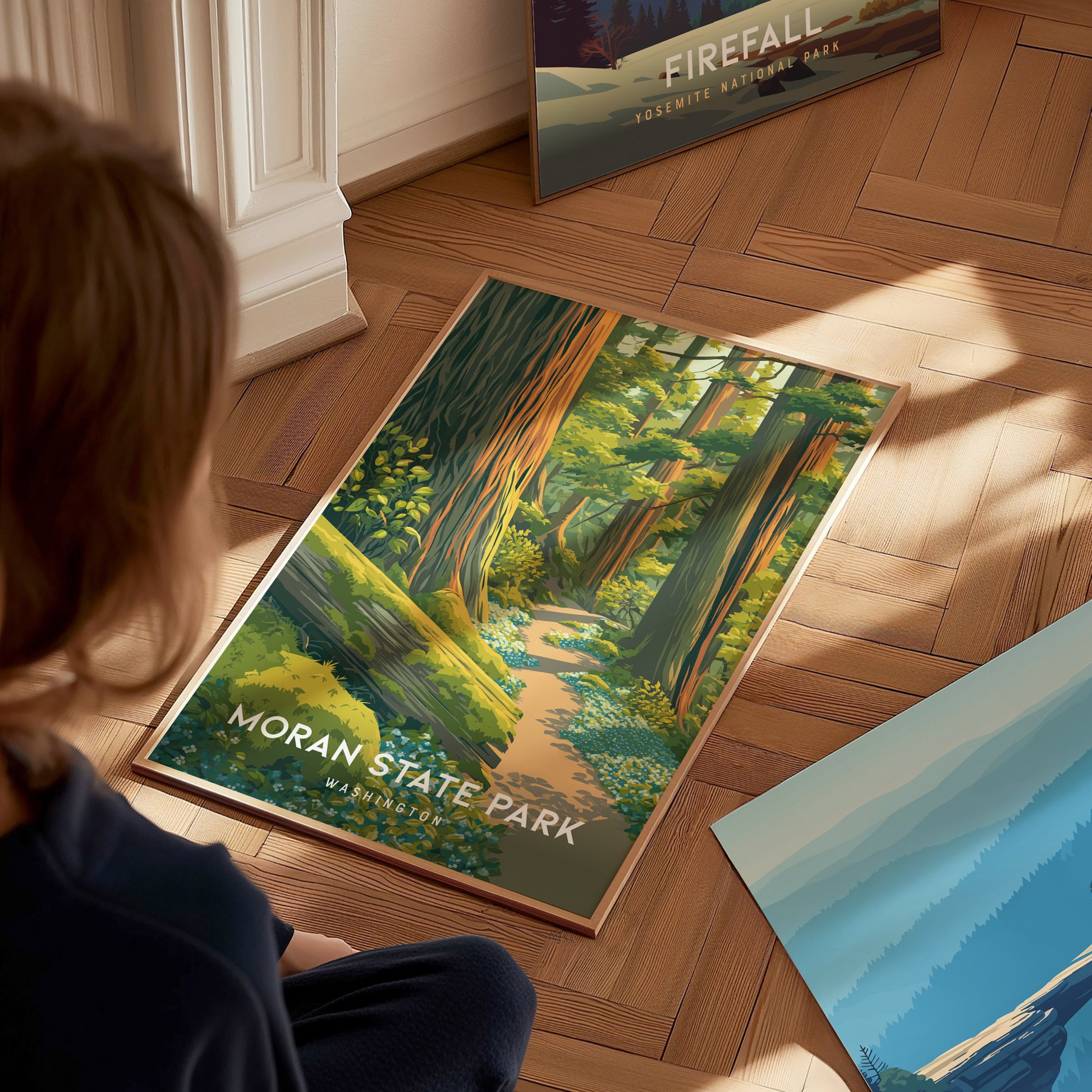Moran State Park, Washington Poster | Mountain Lake & Evergreen Forest Wall Art — styled in a modern interior