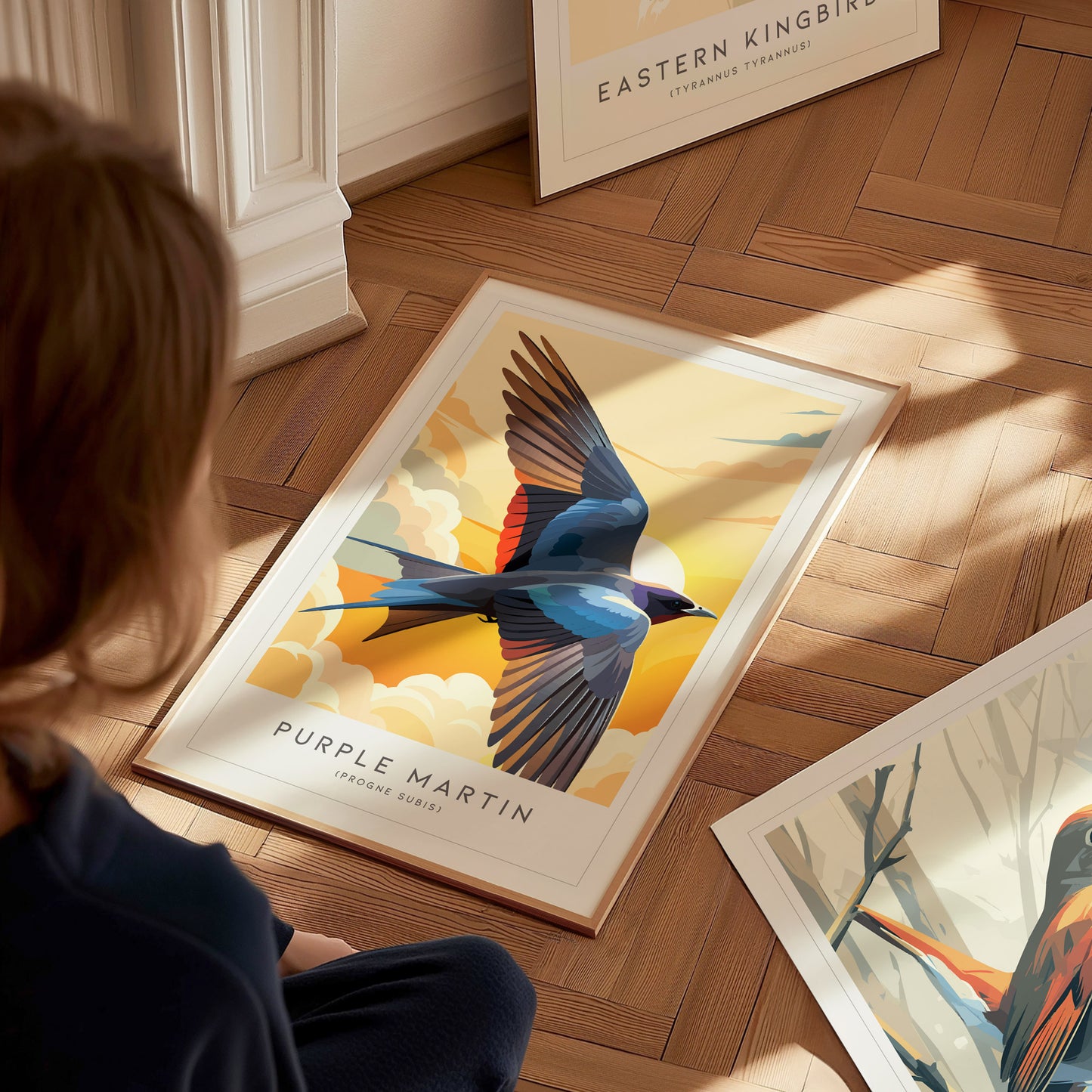 Purple Martin Poster | Graceful Songbird in Golden Light Wall Art — styled in a modern interior