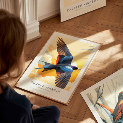Purple Martin Poster | Graceful Songbird in Golden Light Wall Art — styled in a modern interior