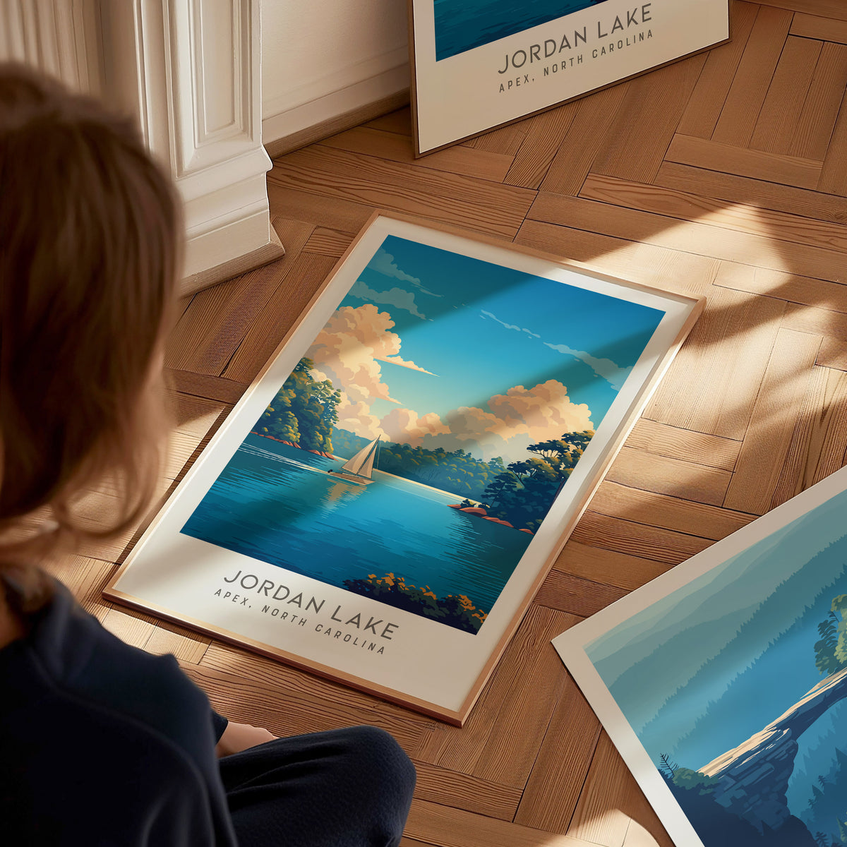 Jordan Lake Matte Border Poster | Apex, North Carolina Destination Print — styled in a modern interior