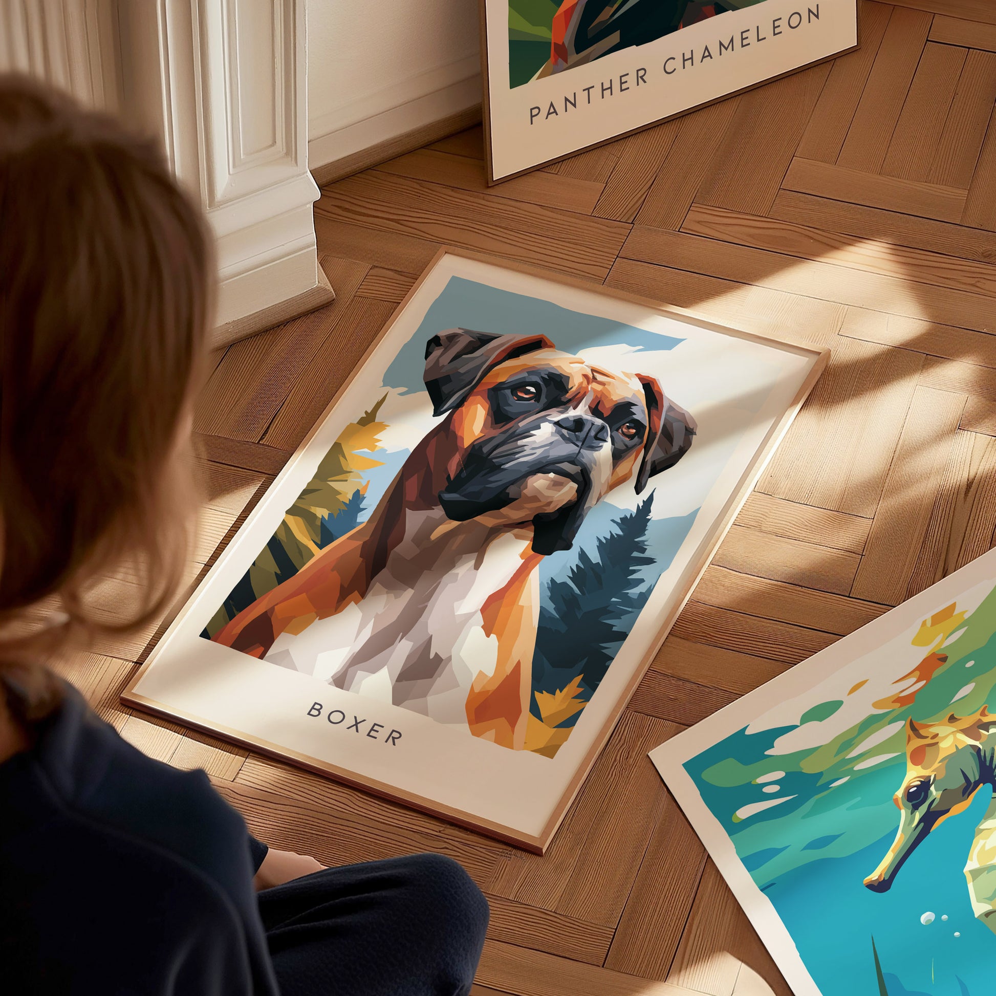 Boxer Poster | Loyal & Noble Canine Portrait Wall Art — styled in a modern interior