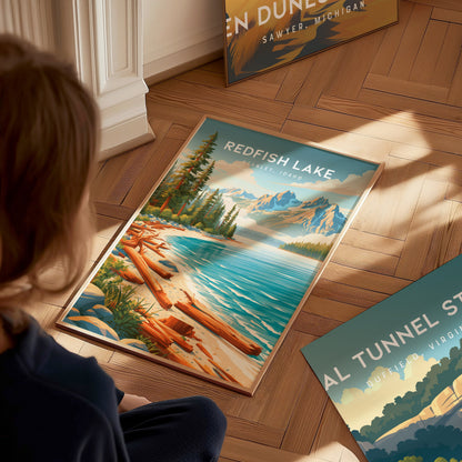 Redfish Lake, Stanley, Idaho Poster | Mountain Lake Destination Print Wall Art — styled in a modern interior