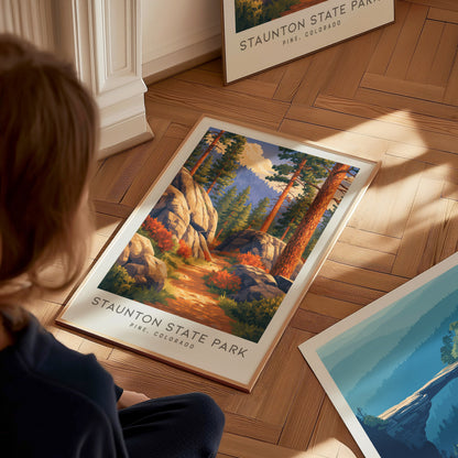 Staunton State Park Matte Border Poster | Pine, Colorado Destination Print Travel Wall Art — styled in a modern interior