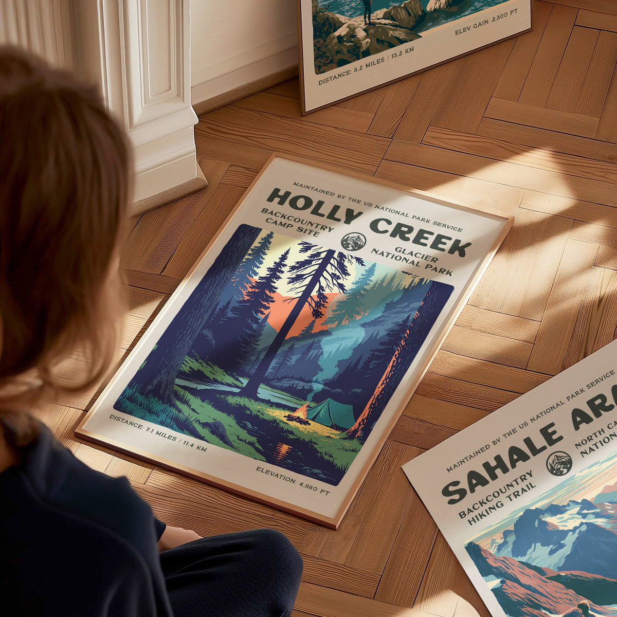 Holly Creek, Glacier National Park Poster | Hiker Gift | Backcountry Trail Wall Art — styled in a modern interior