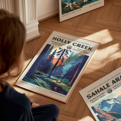 Holly Creek, Glacier National Park Poster | Hiker Gift | Backcountry Trail Wall Art — styled in a modern interior