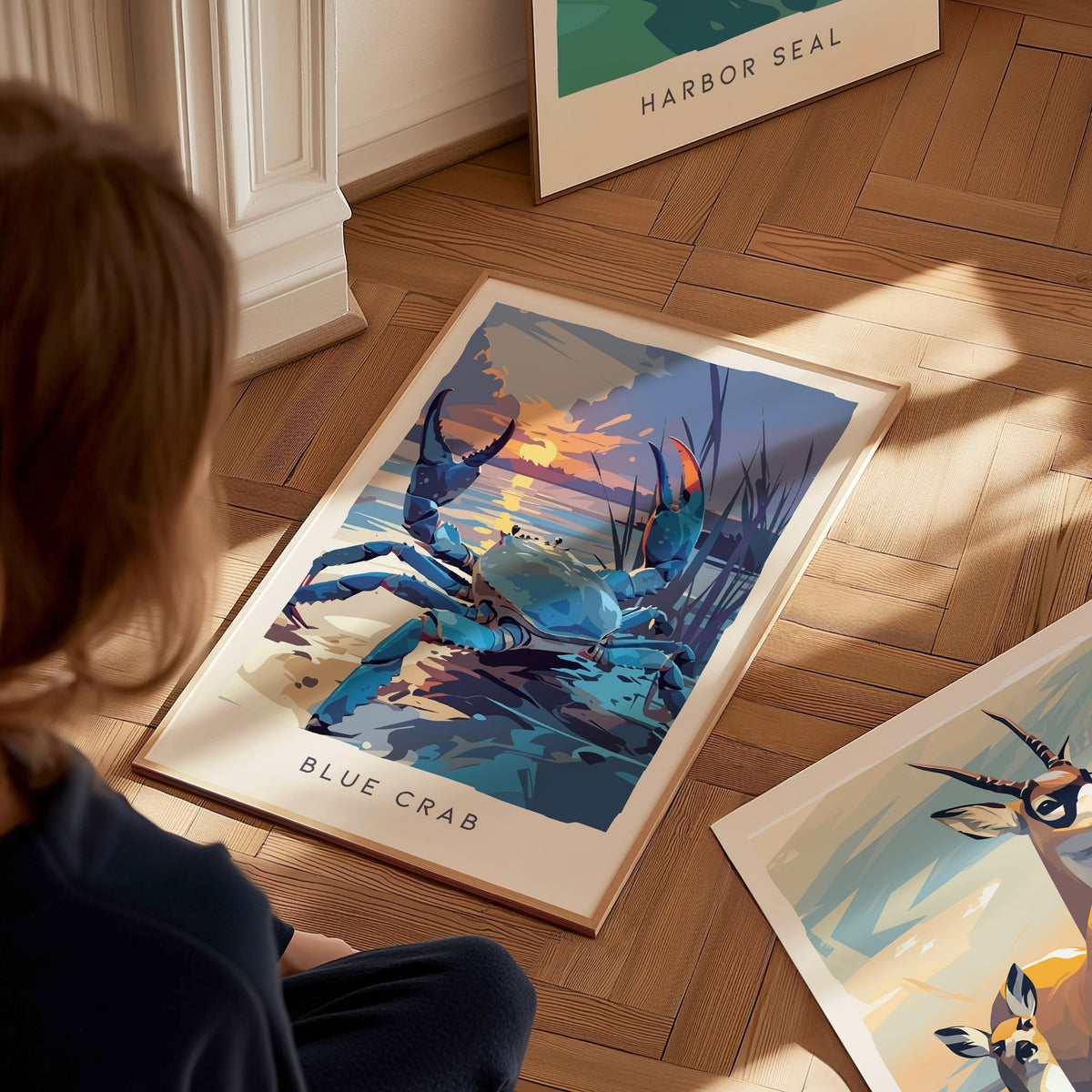 Blue Crab, Callinectes sapidus Poster | Coastal Wildlife Wall Art — styled in a modern interior
