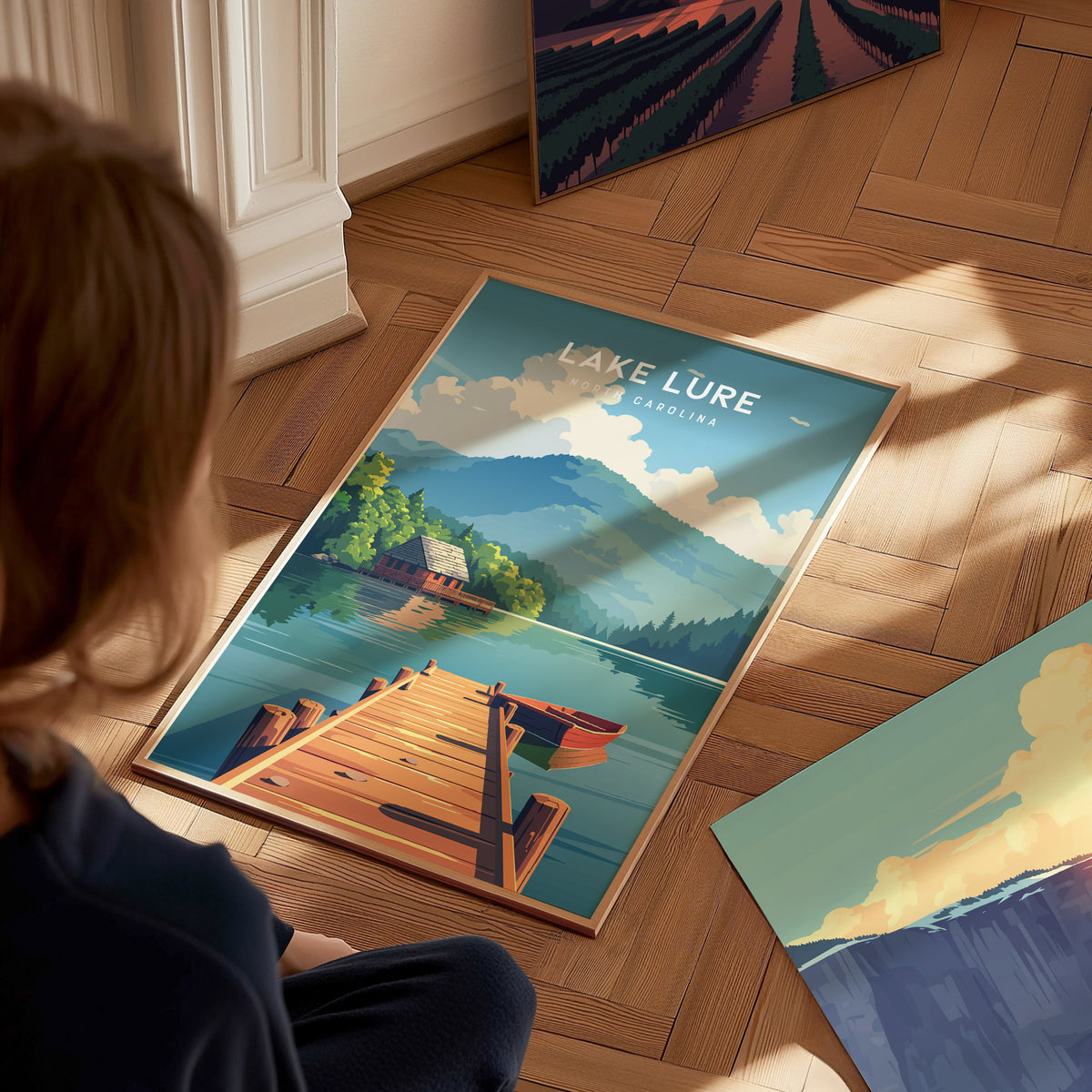 Lake Lure, North Carolina Poster | Mountain Lake Destination Print Wall Art — styled in a modern interior