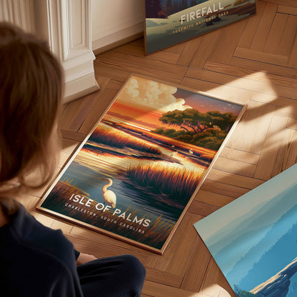 Isle of Palms, South Carolina Poster | Golden Beach & Palm Tree Wall Art — styled in a modern interior