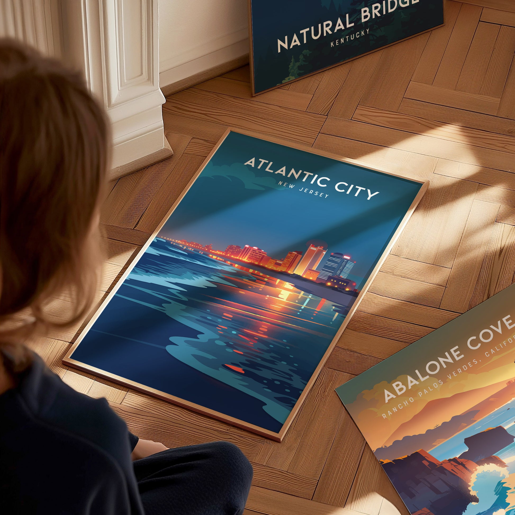 Atlantic City, New Jersey Poster | Boardwalk & Steel Pier Coastal Wall Art — styled in a modern interior