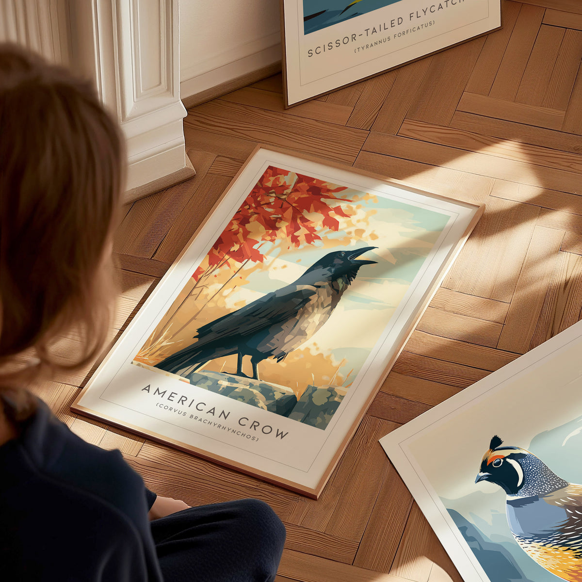 American Crow Poster | Dark Elegance Corvid Bird Wall Art — styled in a modern interior