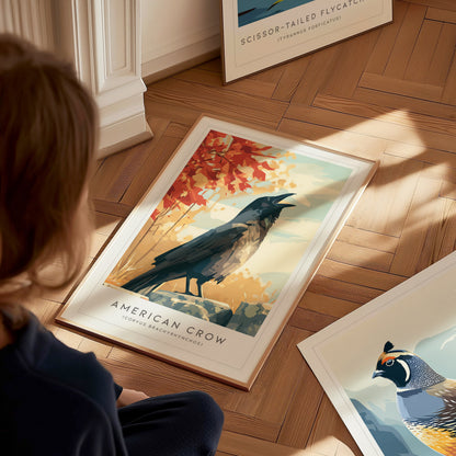 American Crow Poster | Dark Elegance Corvid Bird Wall Art — styled in a modern interior
