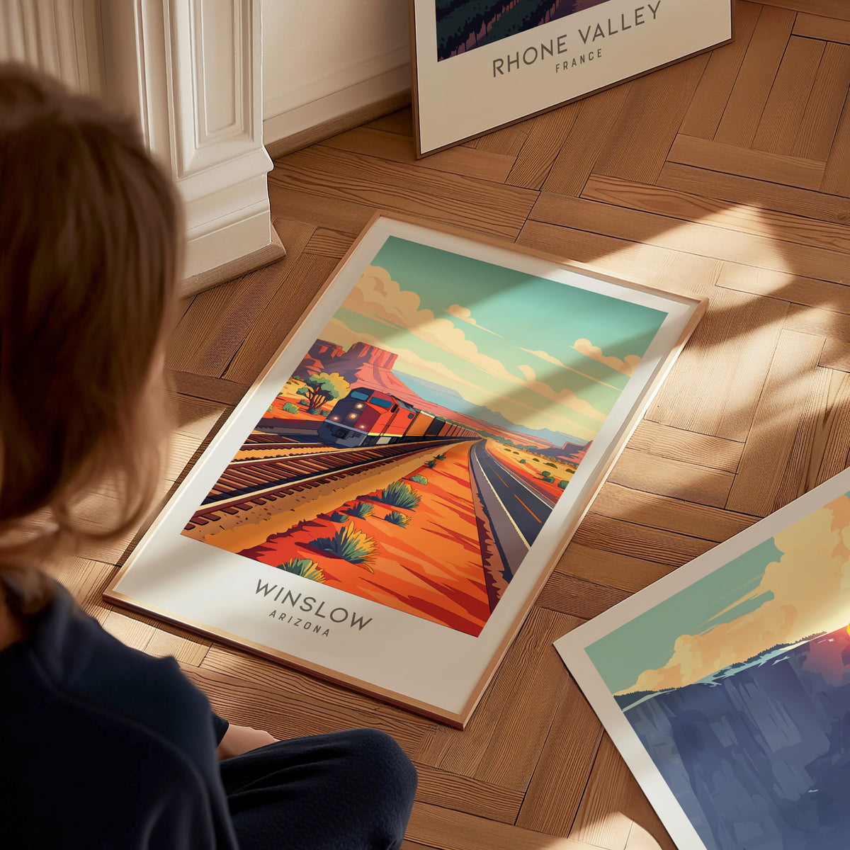 Winslow Matte Border Poster | Arizona Travel Wall Art — styled in a modern interior