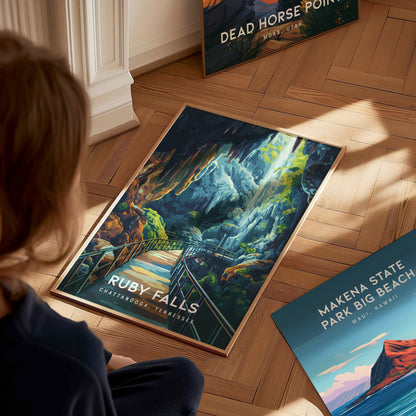 Ruby Falls, Chattanooga, Tennessee Poster | Underground Waterfall Travel Wall Art — styled in a modern interior