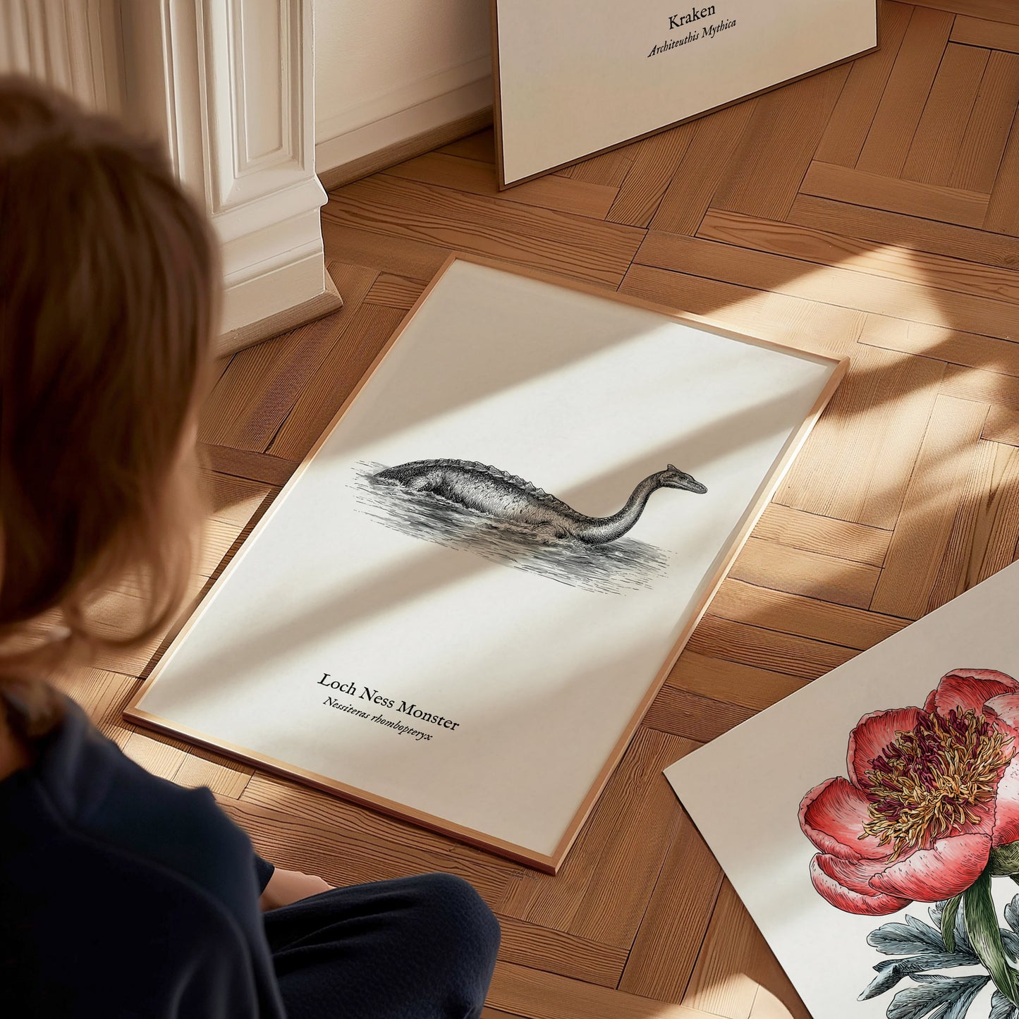 Loch Ness Monster Poster | Vintage Nessiteras rhombopteryx Zoological Illustration Wall Art — styled in a modern interior