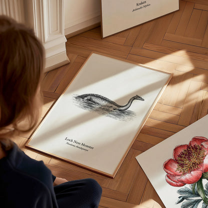 Loch Ness Monster Poster | Vintage Nessiteras rhombopteryx Zoological Illustration Wall Art — styled in a modern interior
