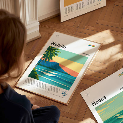 Waikiki Poster | Hawaii Surfer Art | Honolulu Oahu Diamond Head