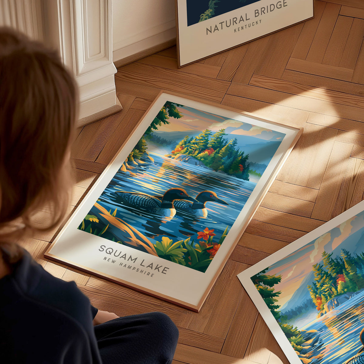 Squam Lake Matte Border Poster | New Hampshire Vacation Wall Art — styled in a modern interior