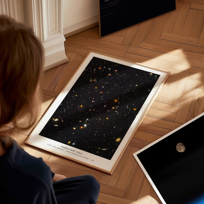 Large Hubble Deep Field poster displayed in a living room