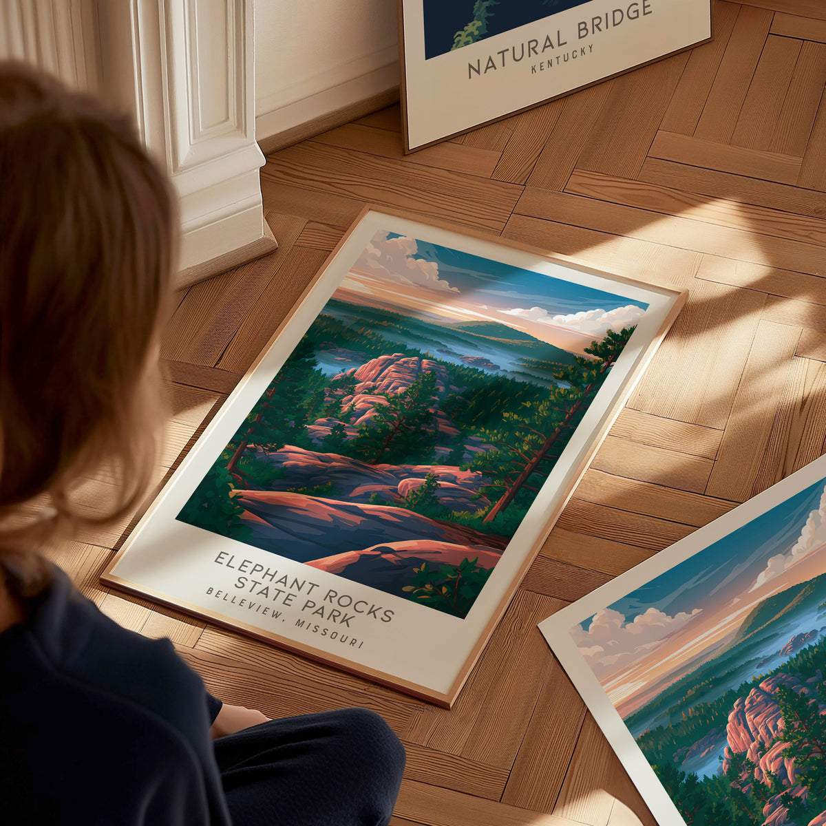 Elephant Rocks State Park Matte Border Poster | Belleview, Missouri Destination Print — styled in a modern interior