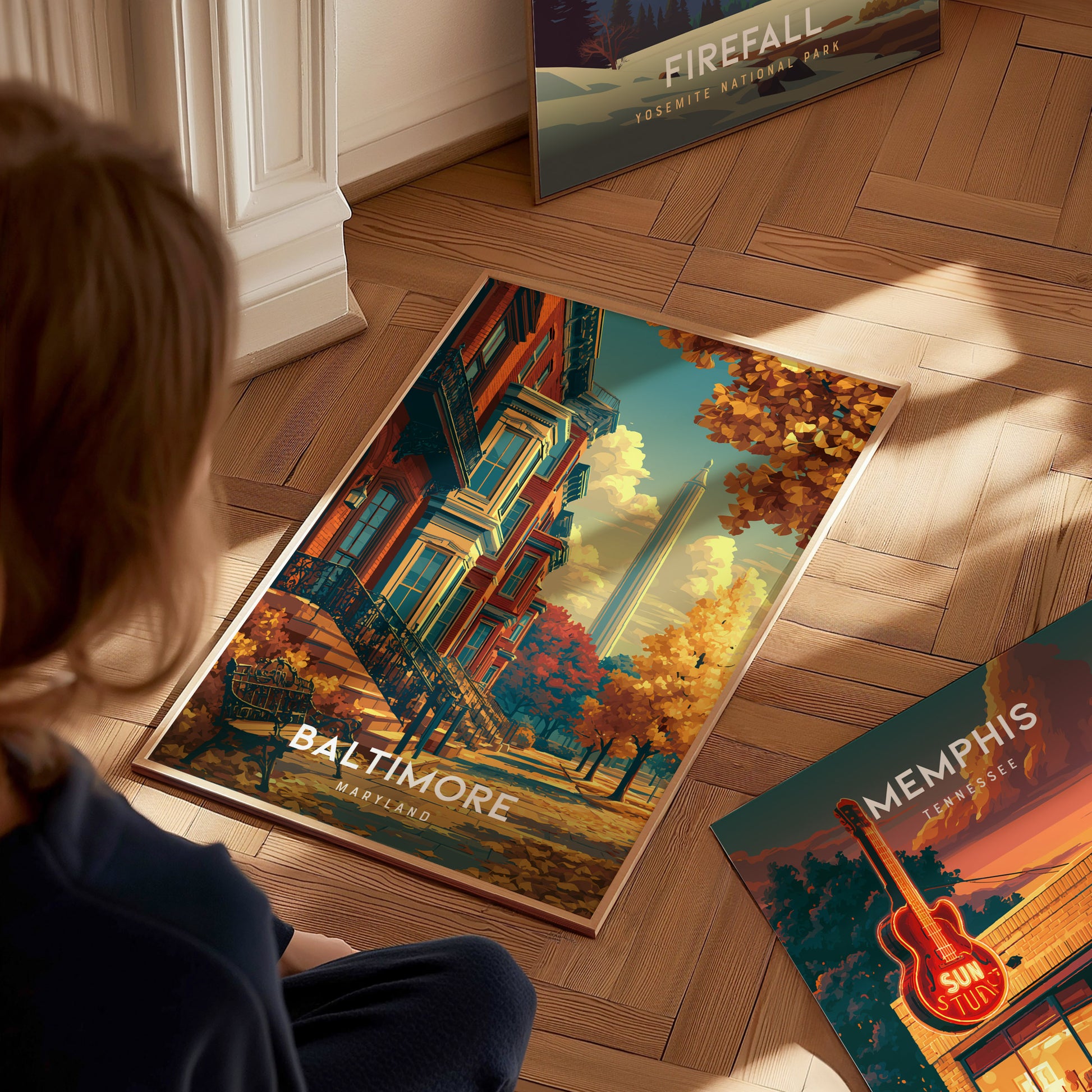 Baltimore, Maryland Poster | Harbor Skyline & Charm City Wall Art — styled in a modern interior