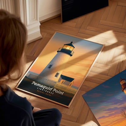 A child sits on a wooden floor, gazing at a framed art print of the Pemaquid Point Lighthouse. The poster features a beautifully illustrated lighthouse against a warm sunset, with soft orange and blue hues illuminating the sky.