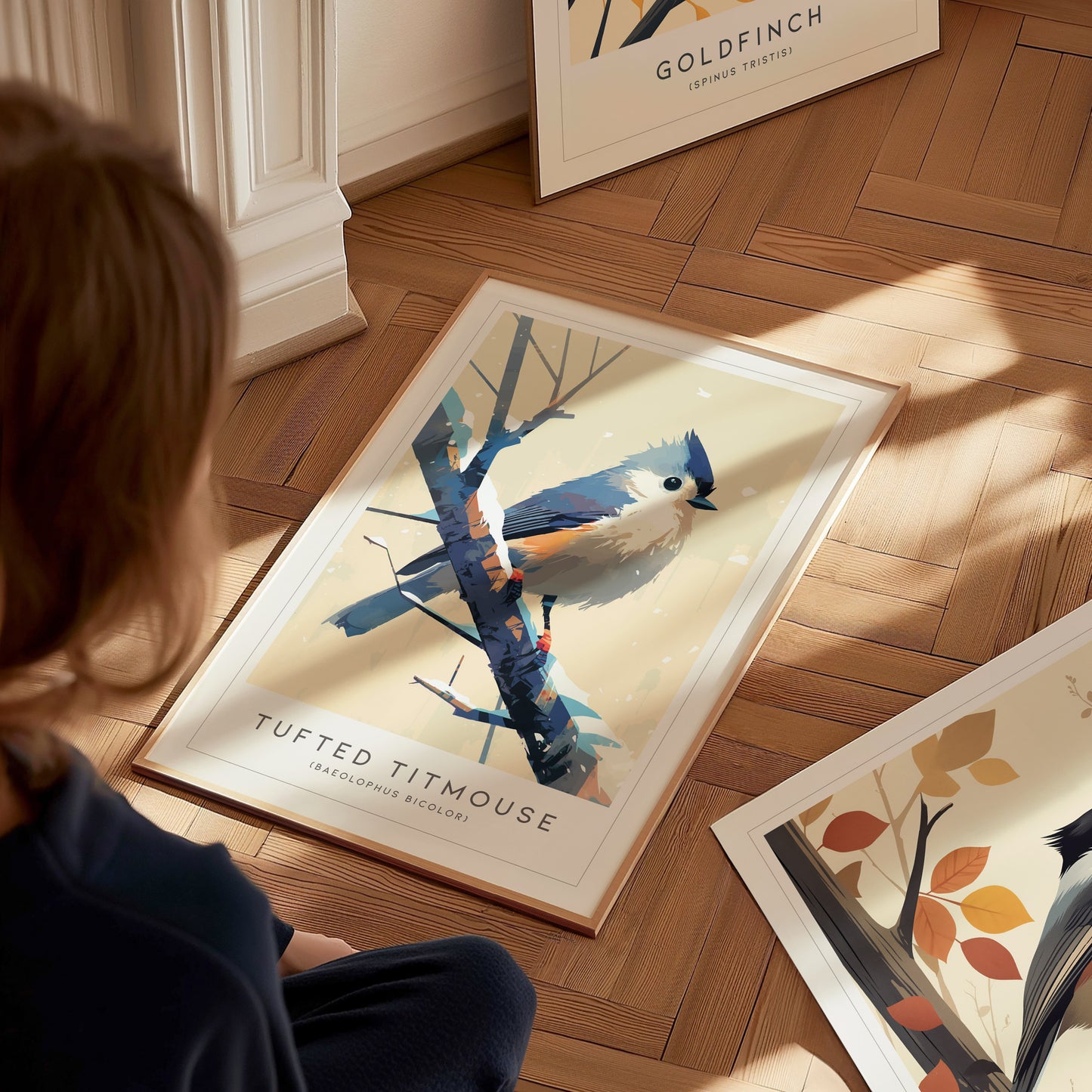 A framed Tufted Titmouse poster lies on a wooden floor, featuring an illustrated bird with gray plumage and a crest, perched on a branch. A person is seated nearby, with another bird poster partially visible.