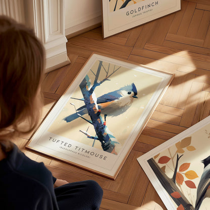 A framed Tufted Titmouse poster lies on a wooden floor, featuring an illustrated bird with gray plumage and a crest, perched on a branch. A person is seated nearby, with another bird poster partially visible.