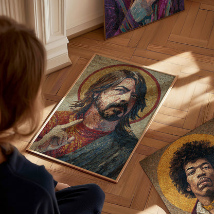 A person sits on a wooden floor, gazing at an intricate mosaic art piece depicting a male figure with long hair and a serene expression, framed by a golden halo.