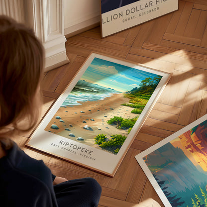 Kiptopeke Matte Border Poster | Cape Charles, Virginia Coastal Beach Decor — styled in a modern interior