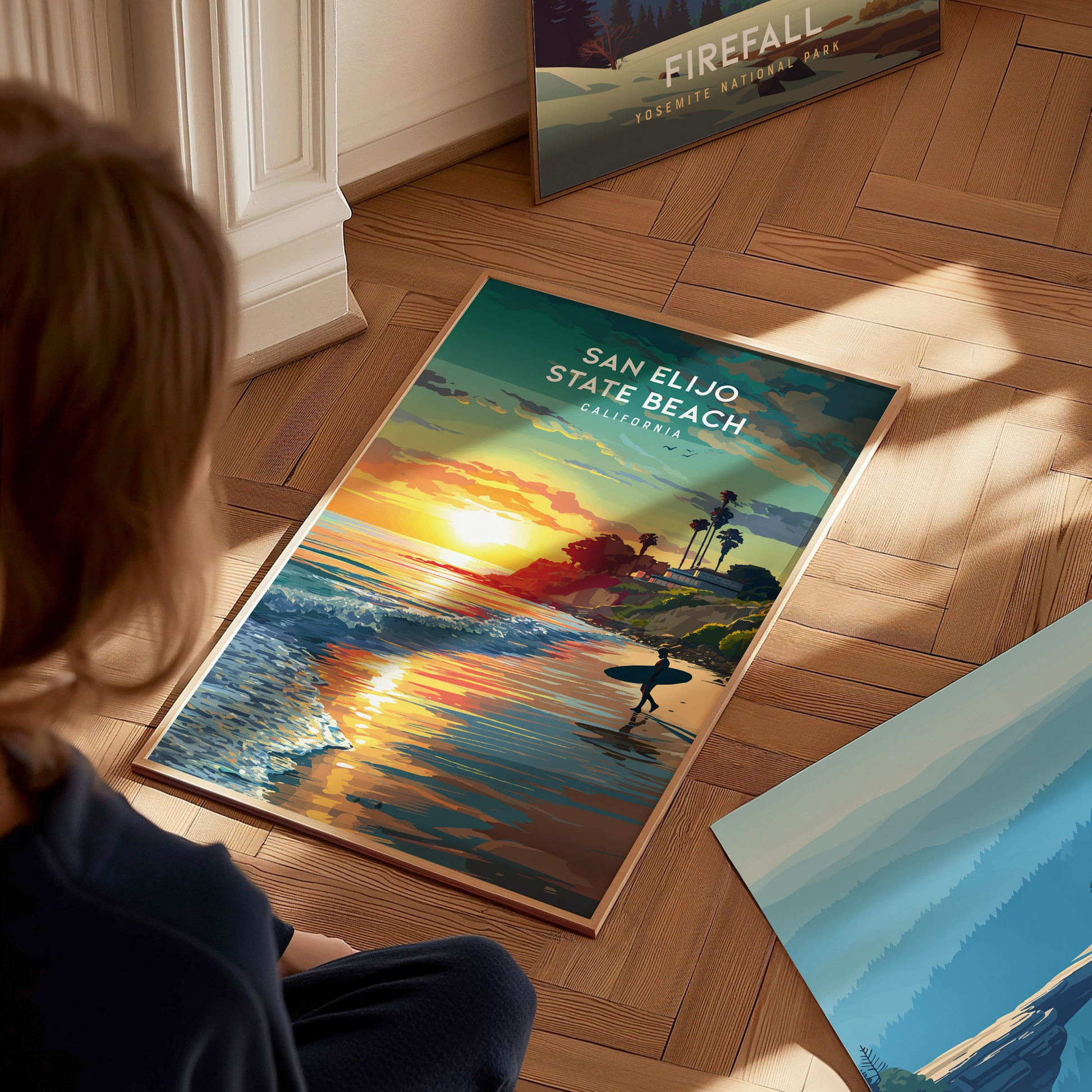 San Elijo State Beach, California Poster | Golden Bluffs & Ocean Breeze Wall Art — styled in a modern interior