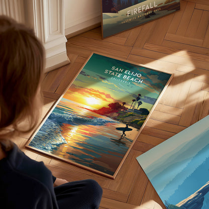 San Elijo State Beach, California Poster | Golden Bluffs & Ocean Breeze Wall Art — styled in a modern interior