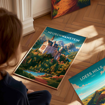 Neuschwanstein, Germany Poster | Fairytale Castle Bavarian Alps Wall Art — styled in a modern interior