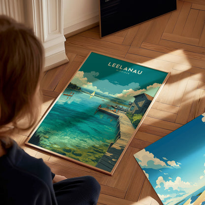 Leelanau Michigan Lake Poster | Rustic Dock Sailboat Wall Art