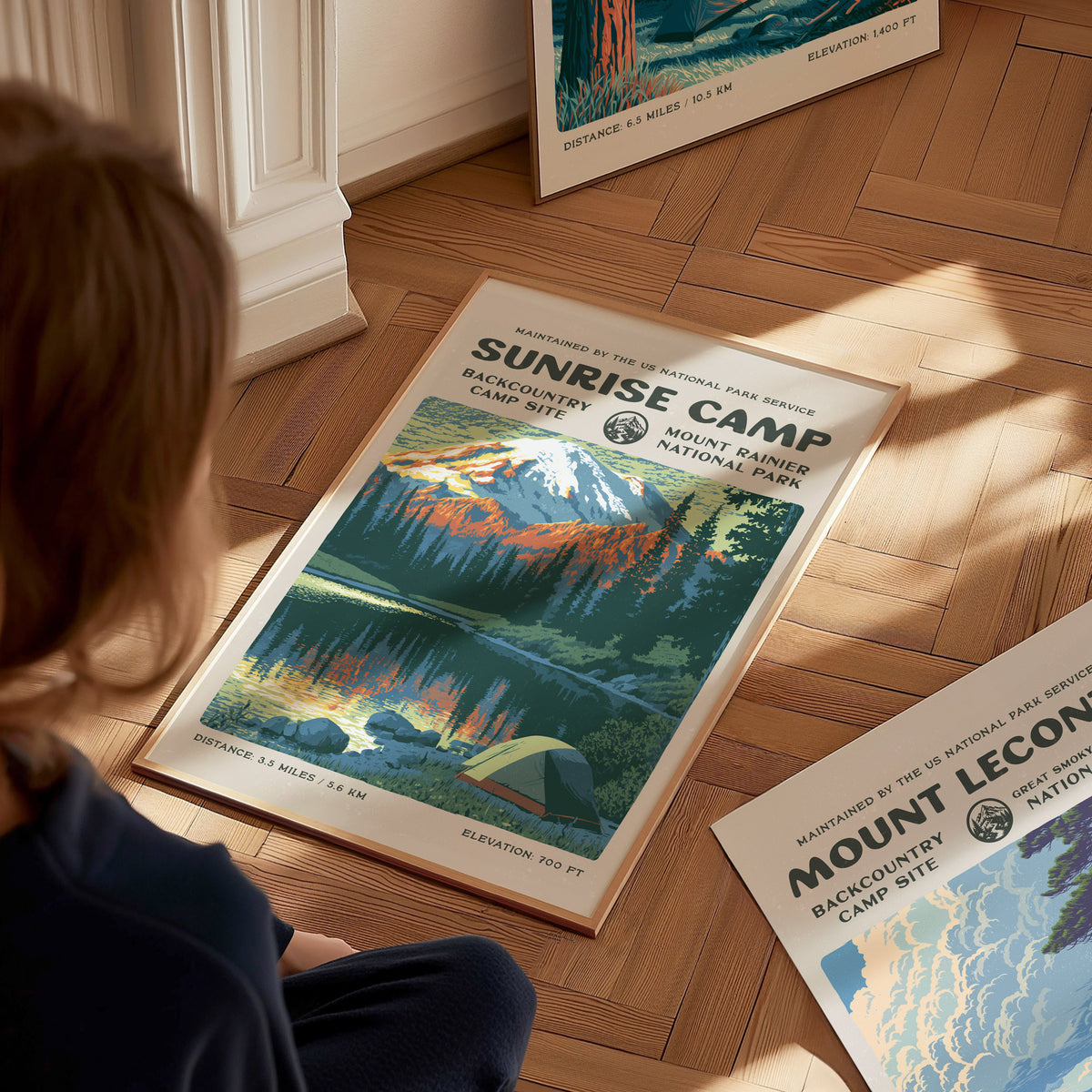 Sunrise Camp, Mount Rainier National Park Poster | Hiker Gift | Backcountry Trail Wall Art — styled in a modern interior