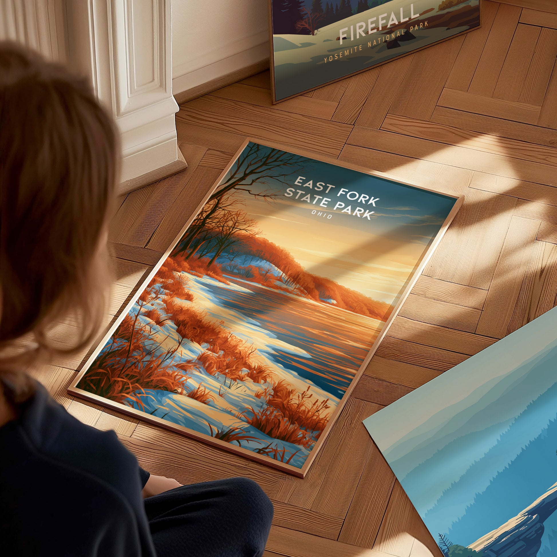 East Fork State Park, Ohio Poster | Lakeside Serenity & Rolling Hills Wall Art — styled in a modern interior