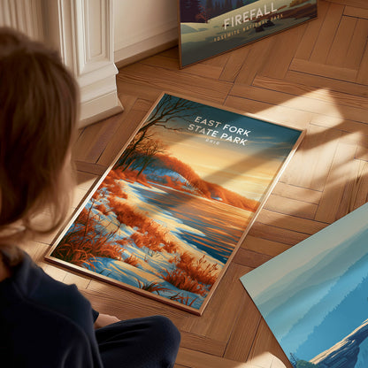 East Fork State Park, Ohio Poster | Lakeside Serenity & Rolling Hills Wall Art — styled in a modern interior