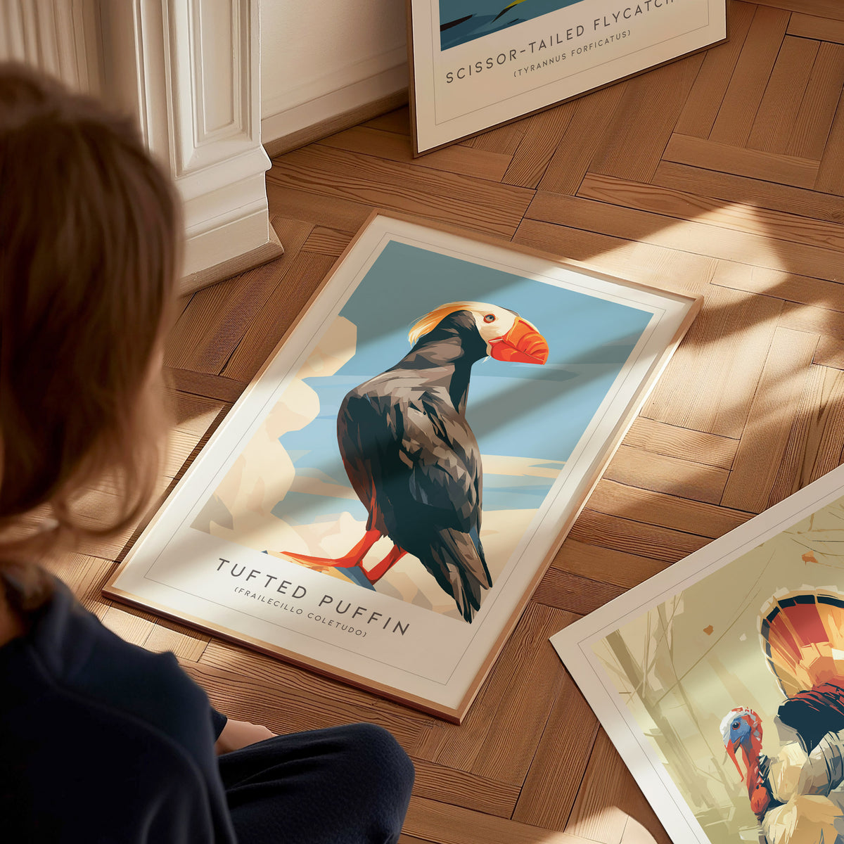 Tufted Puffin, Frailecillo Coletudo Poster | Bold Seabird Wildlife Print Wall Art — styled in a modern interior