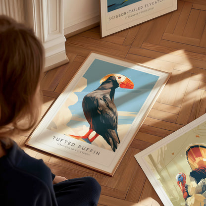 Tufted Puffin, Frailecillo Coletudo Poster | Bold Seabird Wildlife Print Wall Art — styled in a modern interior