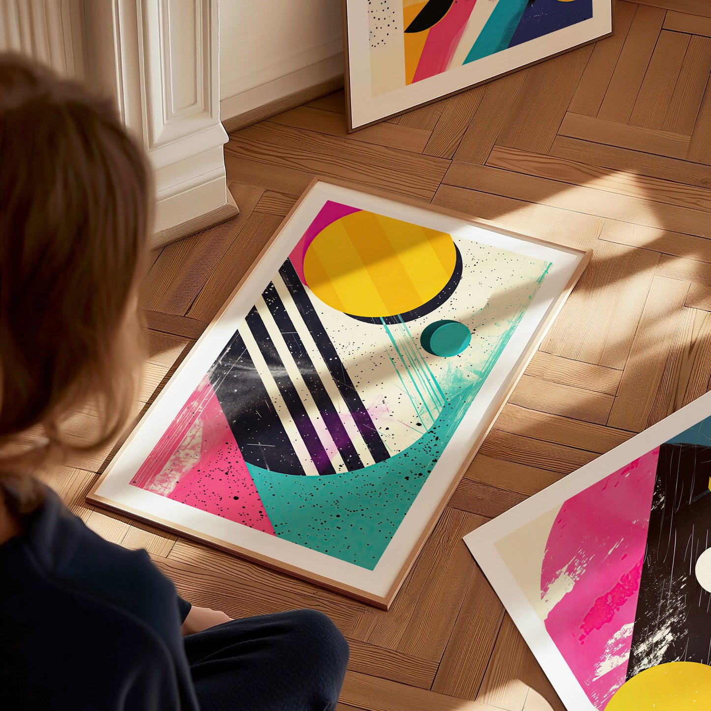 A person sits on a wooden floor looking at a vibrant abstract poster featuring bold geometric shapes and vivid colors. Additional posters are partially visible in the background.