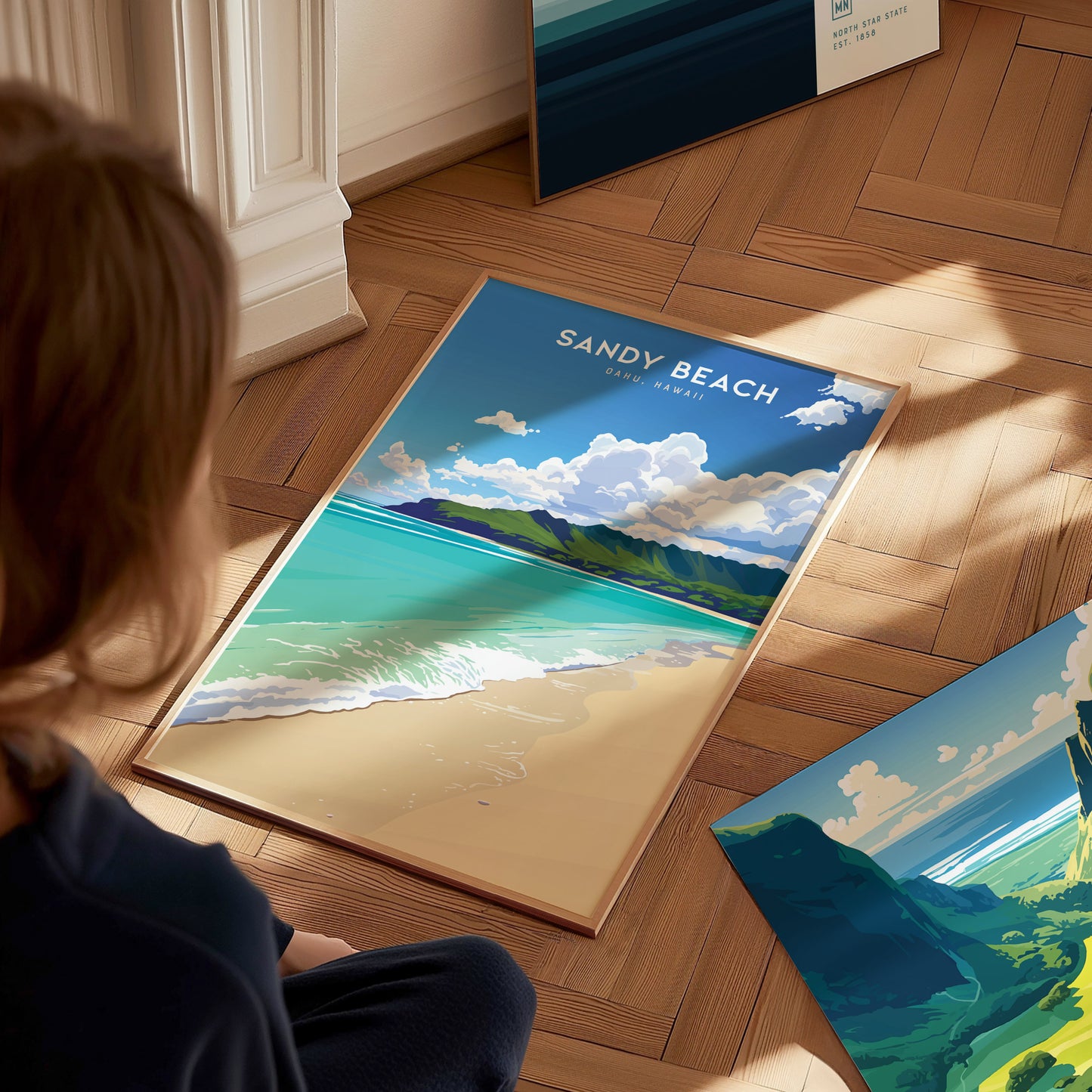 Sandy Beach Oahu Poster | Hawaii Tropical Beach Art | South Shore Print