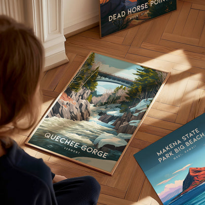 Quechee Gorge, Vermont Poster | Scenic Bridge & River Valley Wall Art — styled in a modern interior